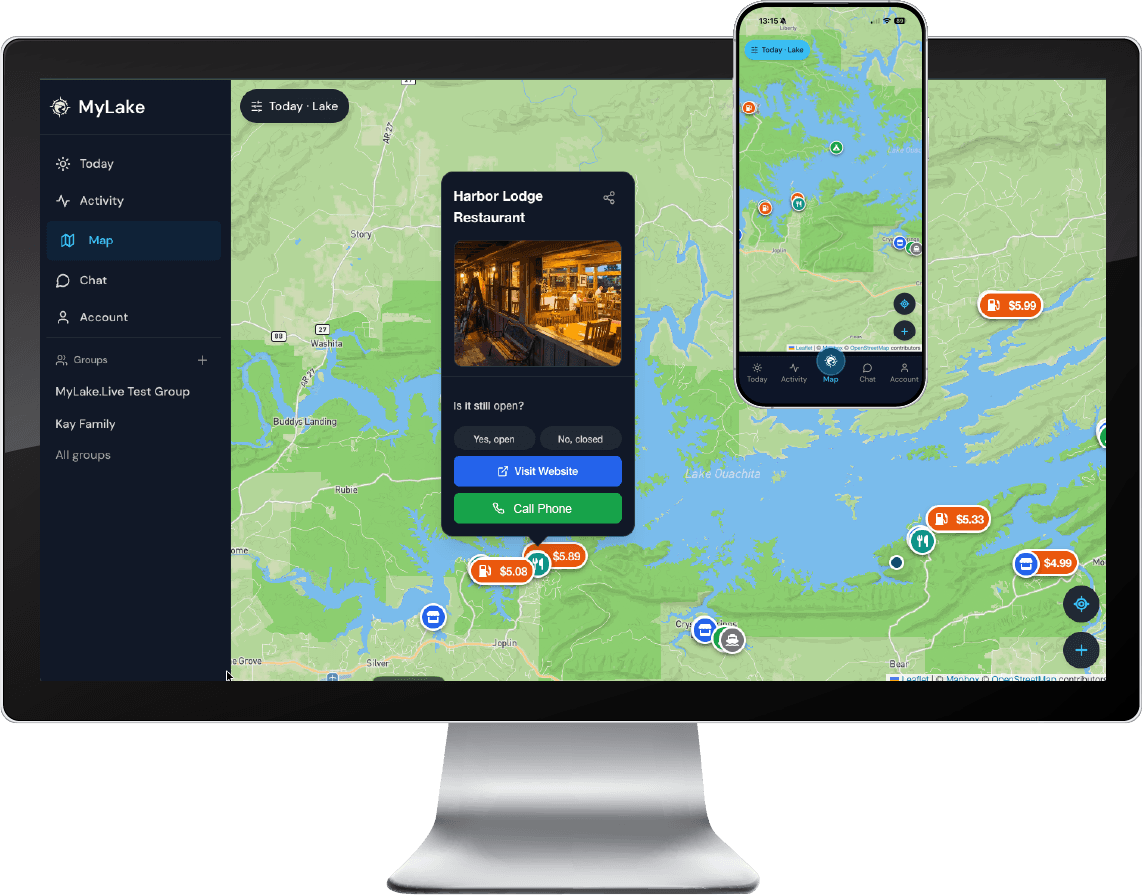 MyLake on desktop and mobile — map with marinas, fuel prices, and place details